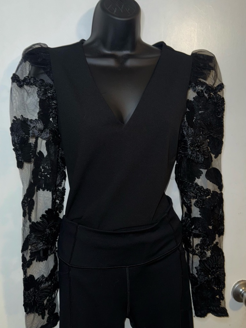 Express Black V-Neck bodysuit with Sheer Floral Embroidered Sleeves